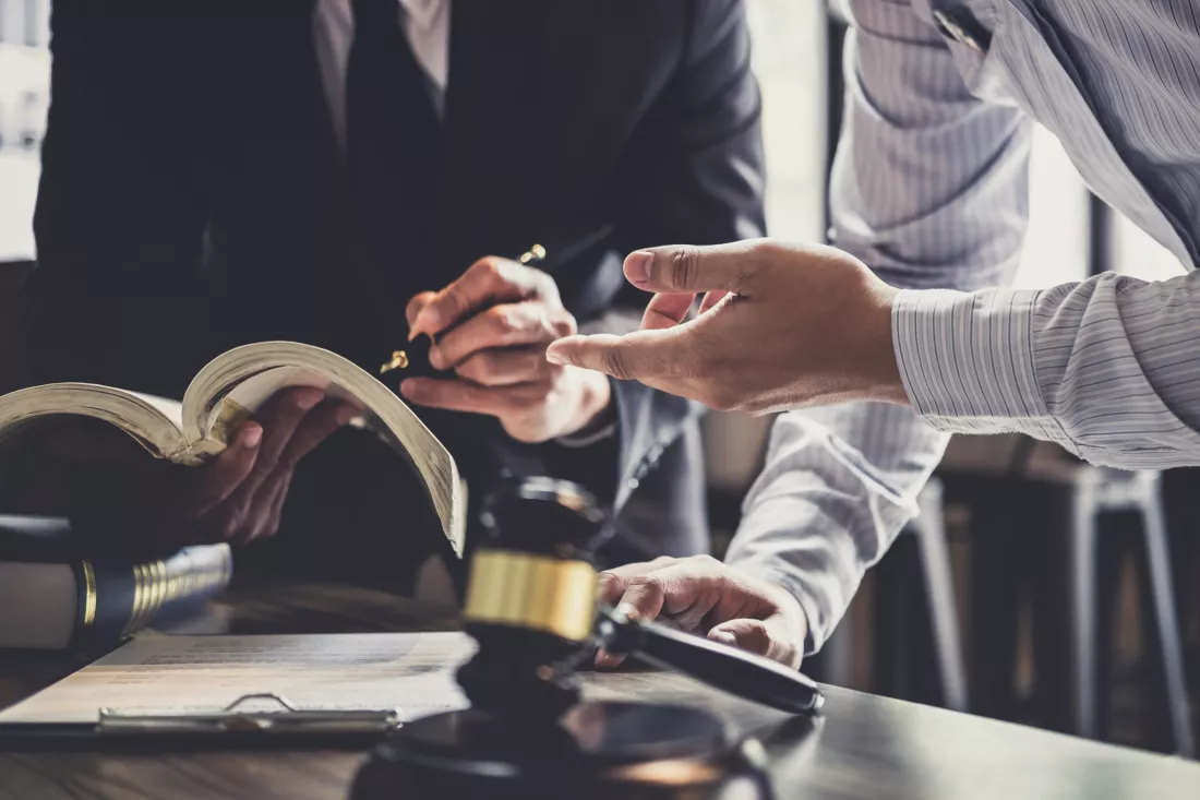 midsection-judge-client-discussing-table
